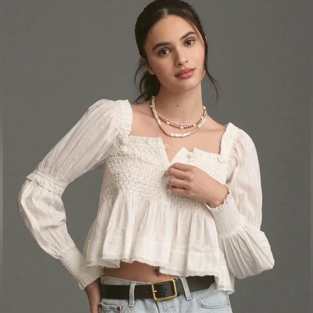 🖤 Anthropologie Puff-Sleeve Babydoll Top – Ivory | Size L